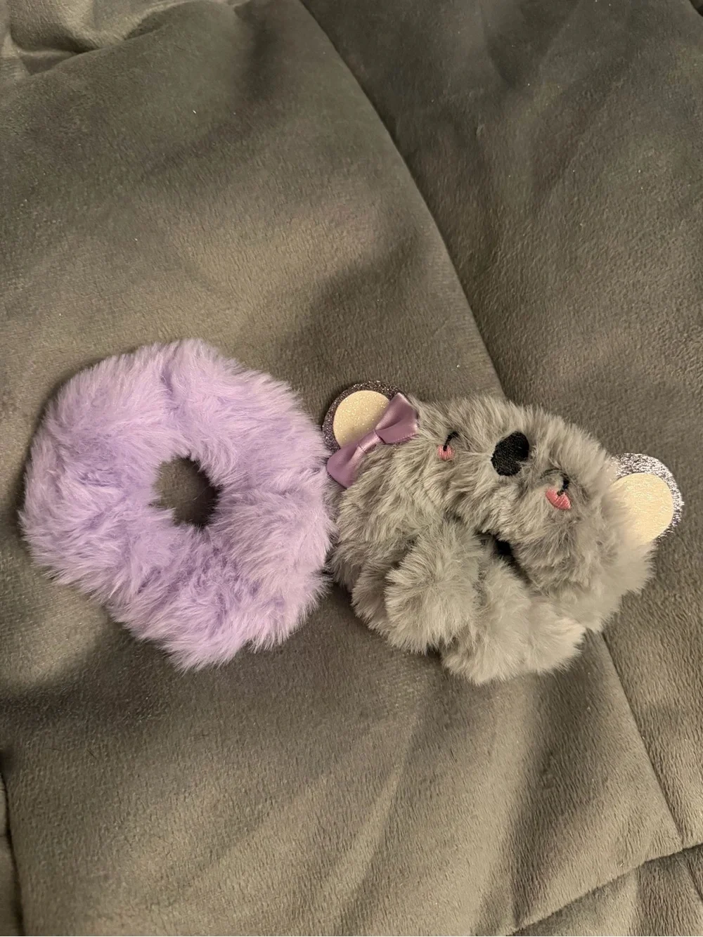 2 Pack - bear glitter bow scrunchie & lavender color furry soft stretchy scrunch